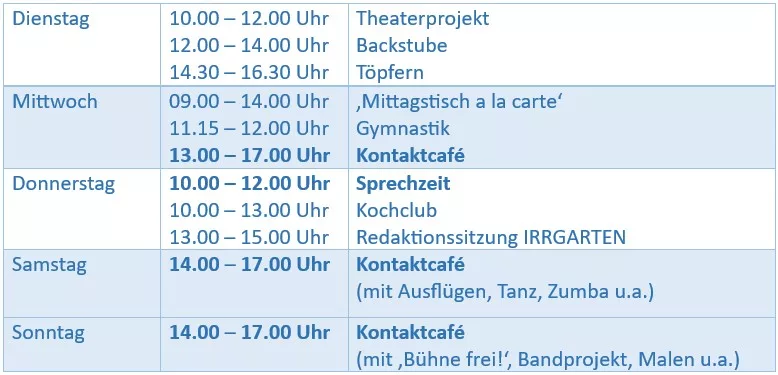 Übersicht der Öffnungszeiten Begegnungsstätte Labyrinth