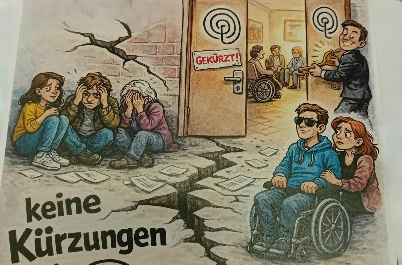 Verzweifelte Menschen warten vor dem Eingang der psychosozialen Beratung, deren Zugang verschlossen bleibt.