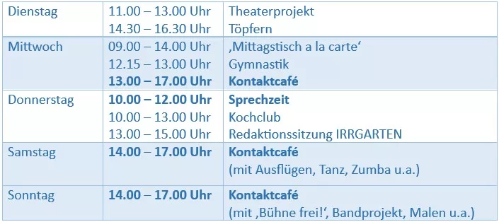 Übersicht der Öffnungszeiten Begegnungsstätte Labyrinth